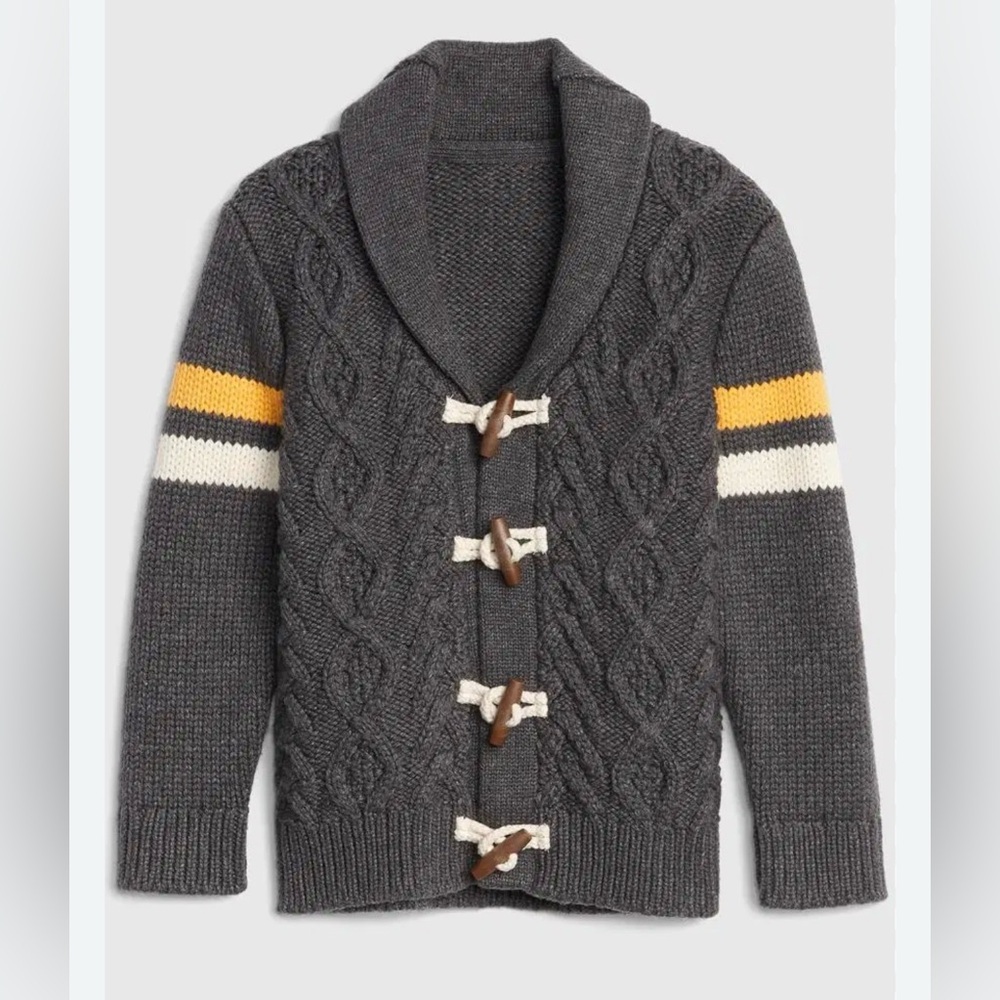 GAP Charcoal Cable-Knit Kids Toggle Cardigan with Yellow & White Stripes